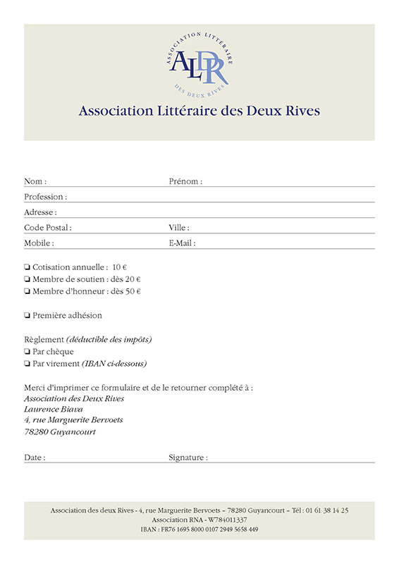 Bulletin d'adhésion à l'Association littéraire des Deux Rives